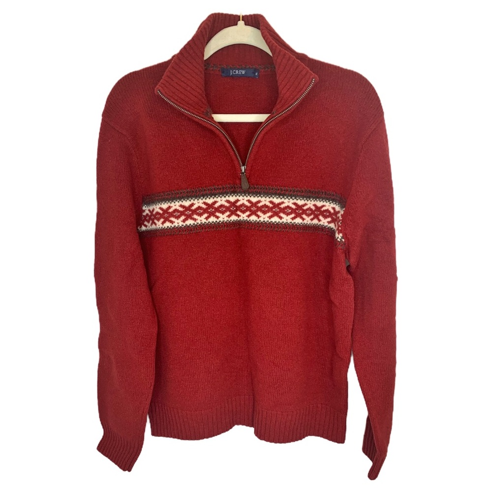 J. Crew Lambswool Quarter Zip Red Sweater Half Fair Isle Christmas Lambs Wool XL